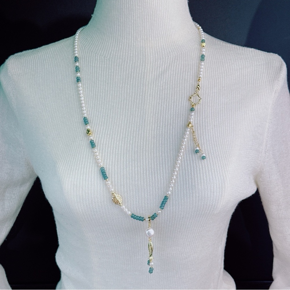 X668 Handmade High Quality Freshwater Pearl Jade Long Necklace and Bracelet Set - Picture 6 of 11